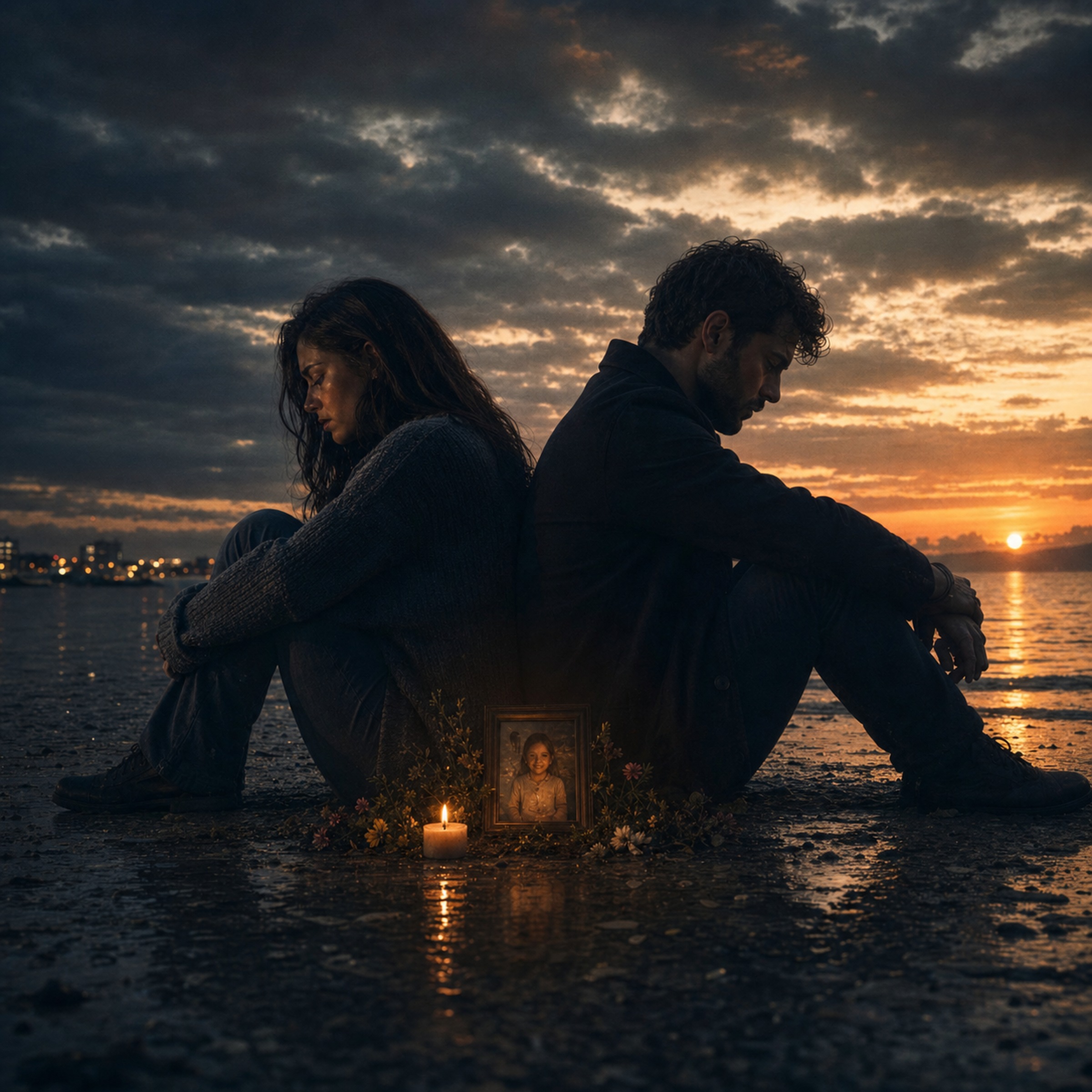 You Didn't Fail — cover art: two figures sitting back-to-back on a beach at dusk, a small framed photo and a candle between them